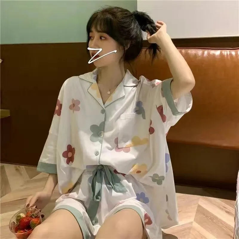Purpdrank - Korean Pajama for Women Summer Loungewear Sleepwear Sets Girls Sweet Plaid Lapel Pyjama Kawaii Ruffle Pijama Japanese Home Suit