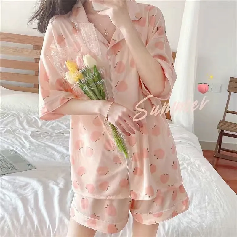 Purpdrank - Korean Pajama for Women Summer Loungewear Sleepwear Sets Girls Sweet Plaid Lapel Pyjama Kawaii Ruffle Pijama Japanese Home Suit
