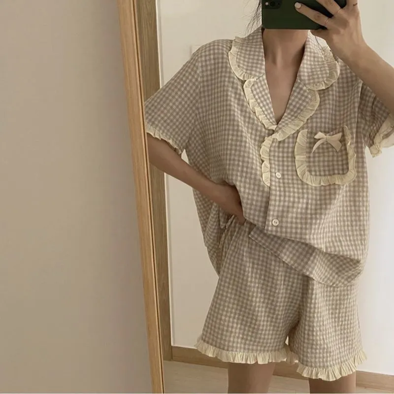 Purpdrank - Korean Pajama for Women Summer Loungewear Sleepwear Sets Girls Sweet Plaid Lapel Pyjama Kawaii Ruffle Pijama Japanese Home Suit