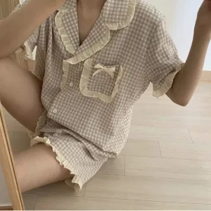 Purpdrank - Korean Pajama for Women Summer Loungewear Sleepwear Sets Girls Sweet Plaid Lapel Pyjama Kawaii Ruffle Pijama Japanese Home Suit