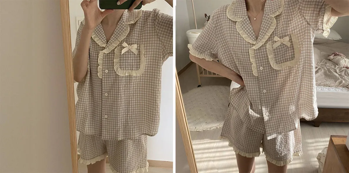 Purpdrank - Korean Pajama for Women Summer Loungewear Sleepwear Sets Girls Sweet Plaid Lapel Pyjama Kawaii Ruffle Pijama Japanese Home Suit