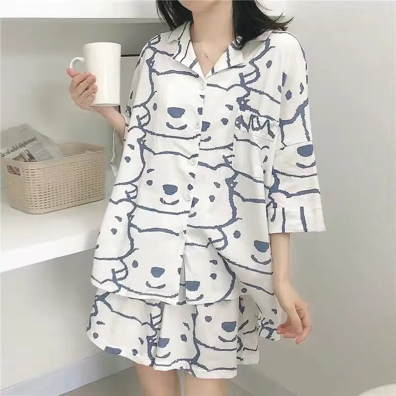 Purpdrank - Korean Pajama for Women Summer Loungewear Sleepwear Sets Girls Sweet Plaid Lapel Pyjama Kawaii Ruffle Pijama Japanese Home Suit