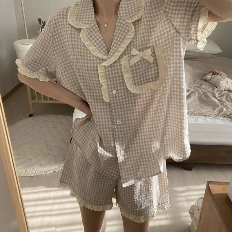 Purpdrank - Korean Pajama for Women Summer Loungewear Sleepwear Sets Girls Sweet Plaid Lapel Pyjama Kawaii Ruffle Pijama Japanese Home Suit