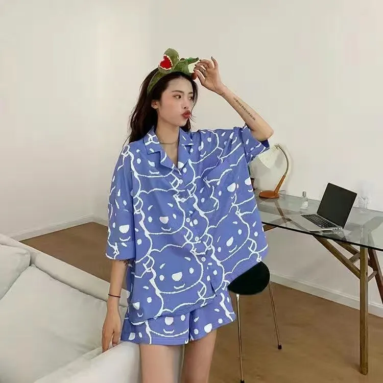 Purpdrank - Korean Pajama for Women Summer Loungewear Sleepwear Sets Girls Sweet Plaid Lapel Pyjama Kawaii Ruffle Pijama Japanese Home Suit