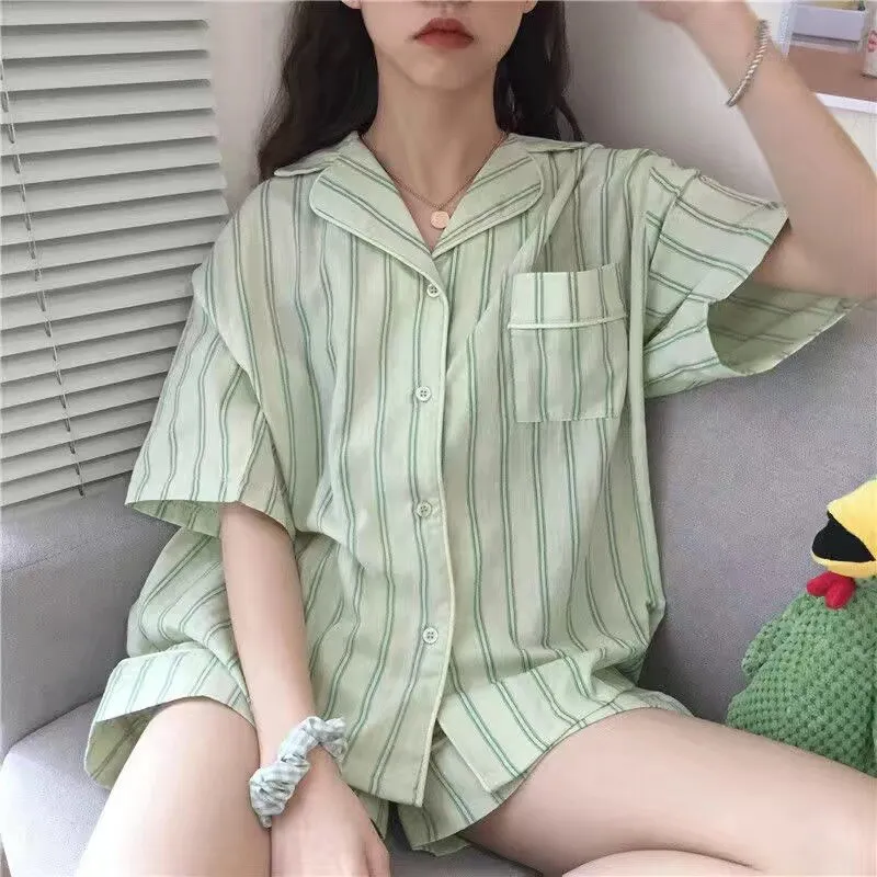 Purpdrank - Korean Pajama for Women Summer Loungewear Sleepwear Sets Girls Sweet Plaid Lapel Pyjama Kawaii Ruffle Pijama Japanese Home Suit