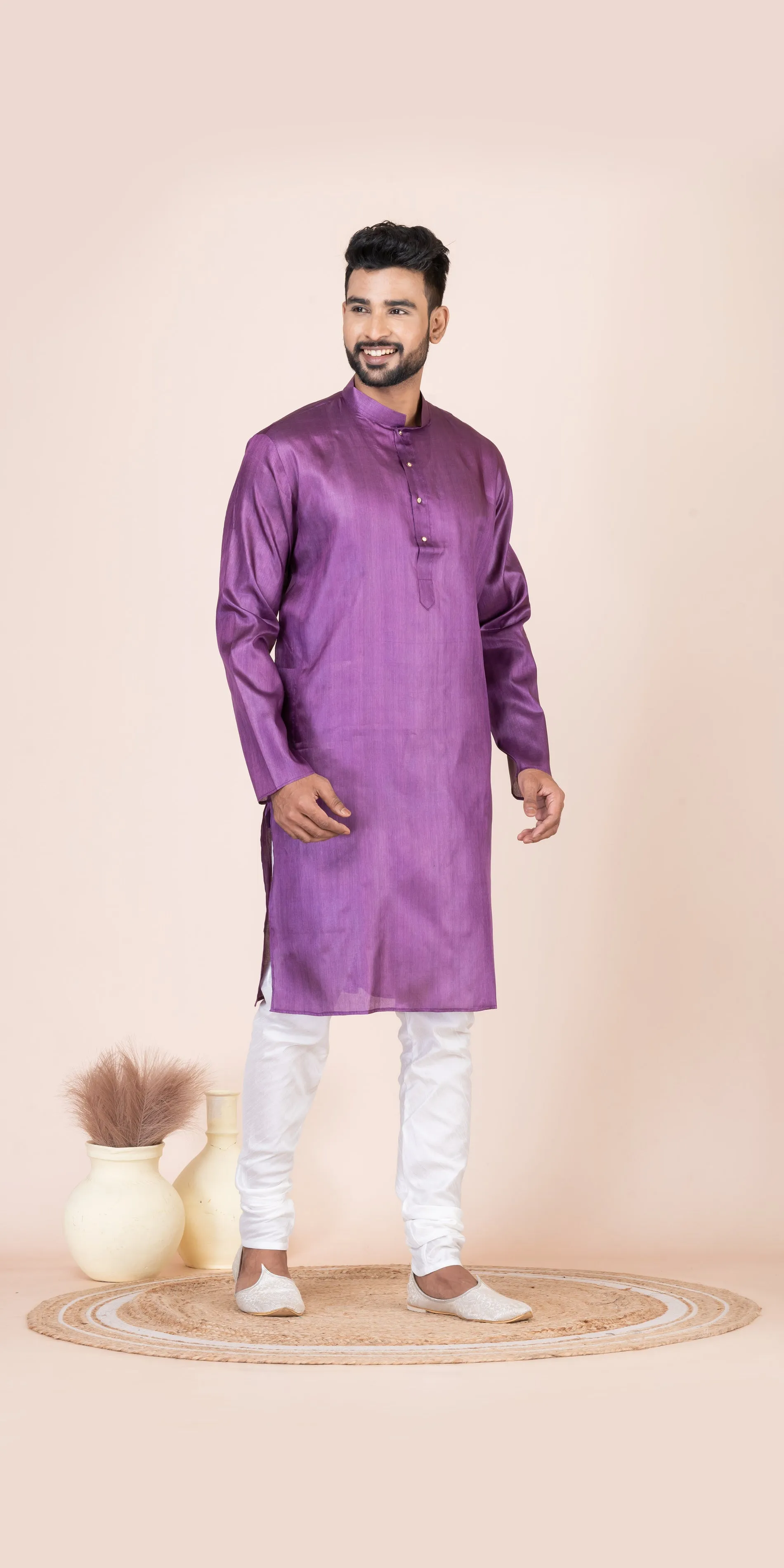 Purple Pure Kosa Silk Men's Kurta with Silk Mark