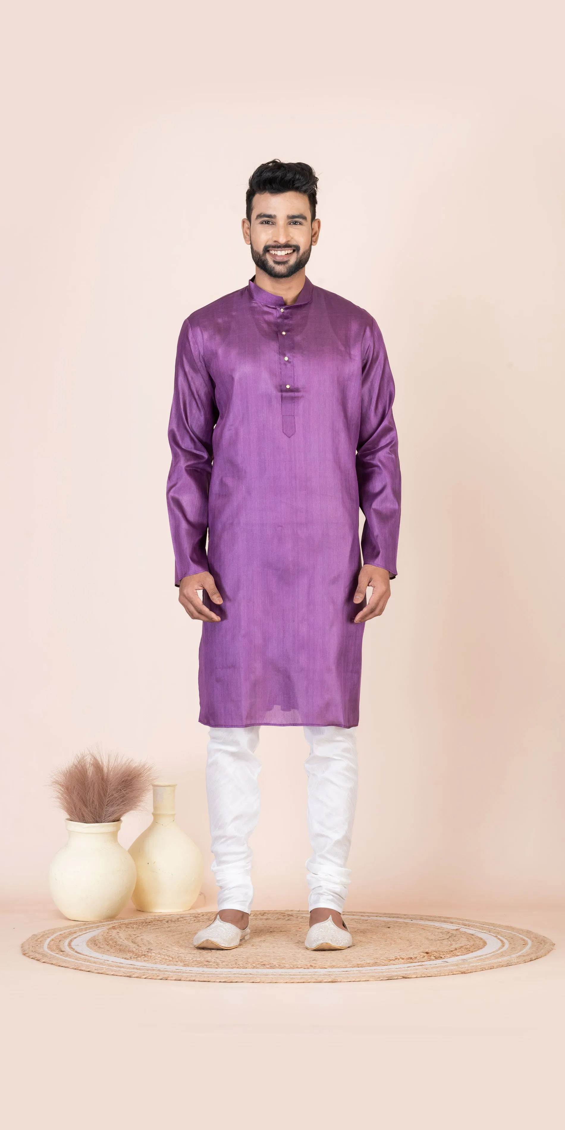 Purple Pure Kosa Silk Men's Kurta with Silk Mark