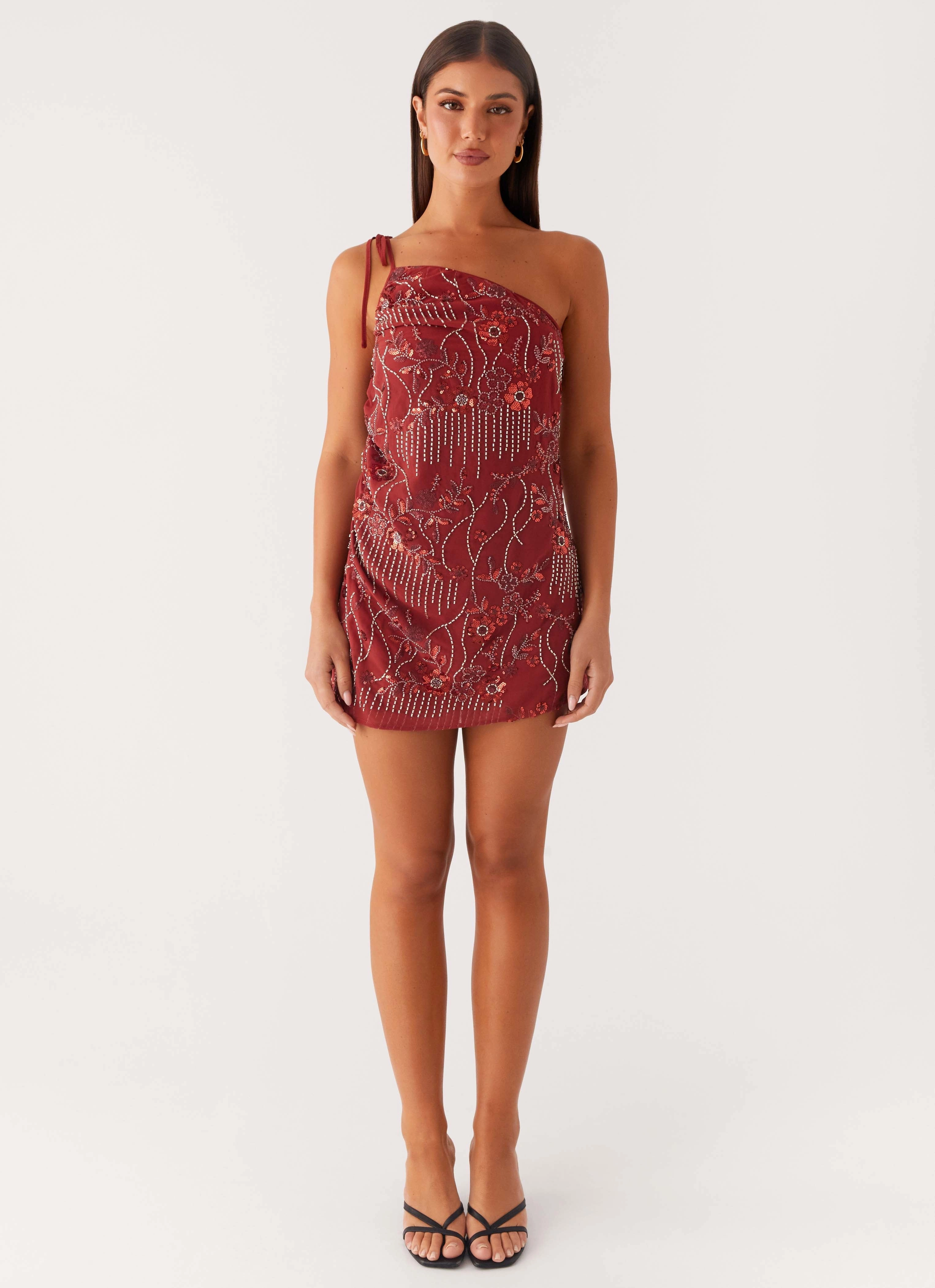 Temptational Beaded One Shoulder Mini Dress - Rust Gentle Aesthetic