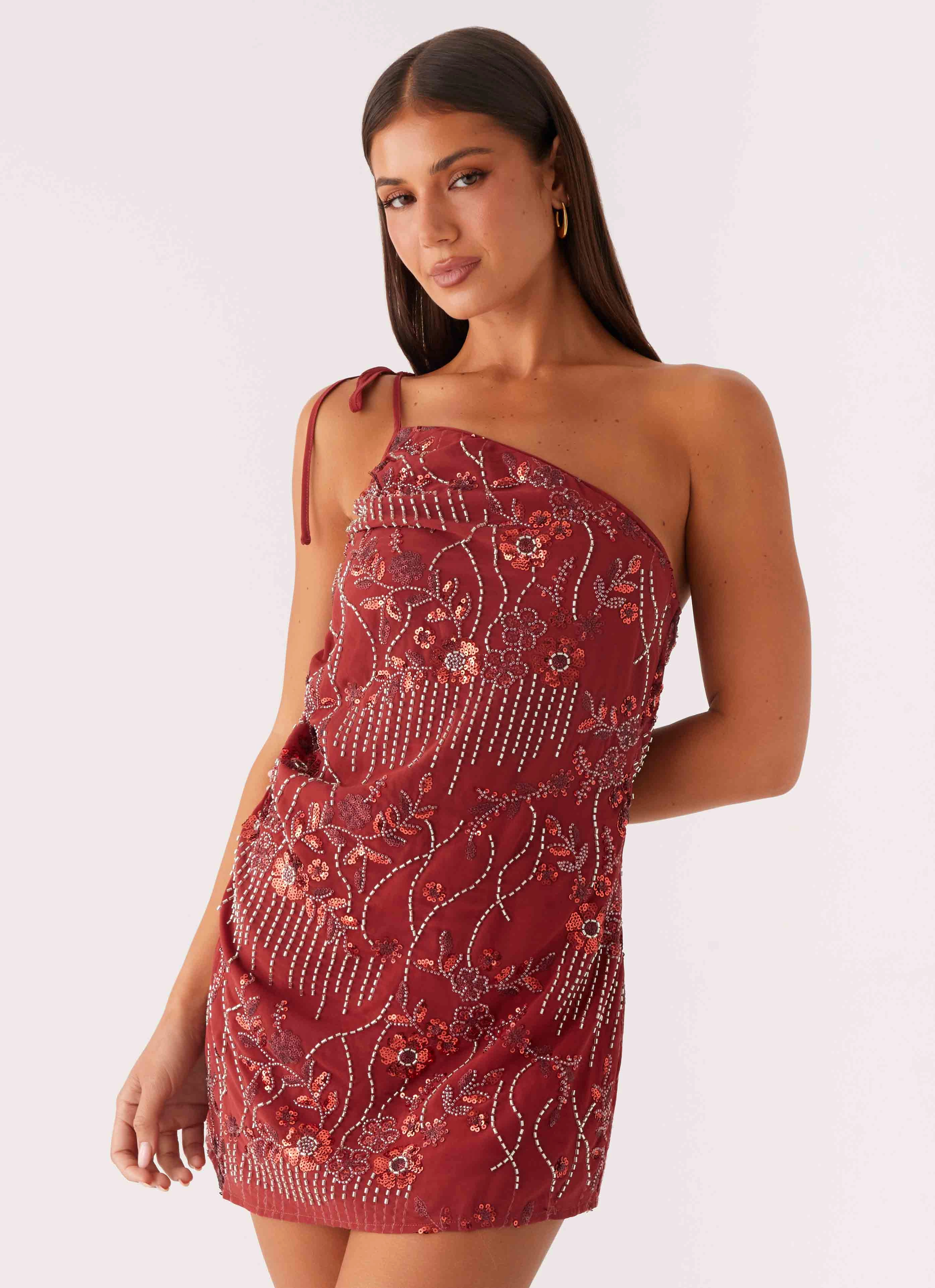 Light Attitude Temptational Beaded One Shoulder Mini Dress - Rust