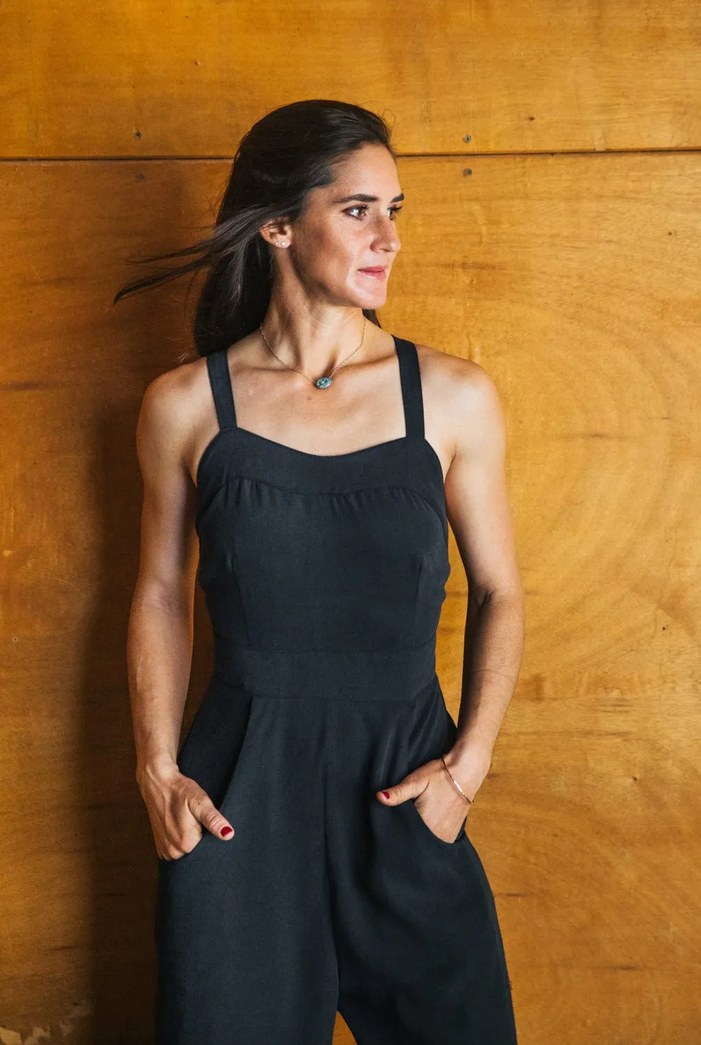 Layered Style Yolked Juniper Jumpsuit in Black Brushed Cotton