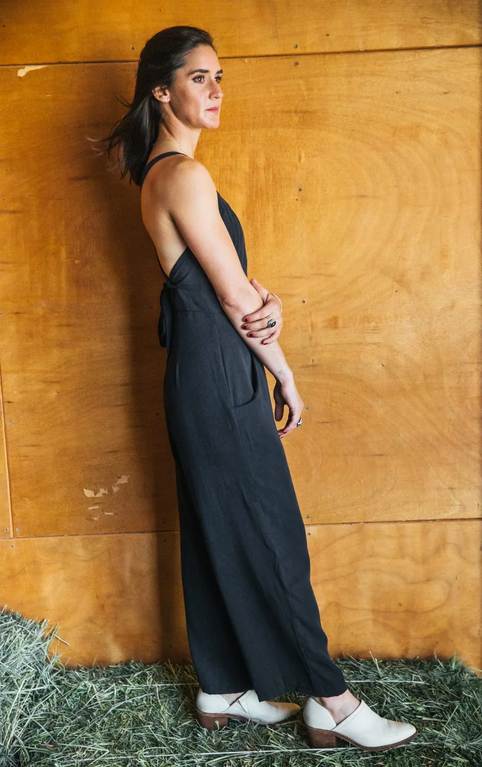 Smart Comfort Active Lifestyle Yolked Juniper Jumpsuit in Black Brushed Cotton