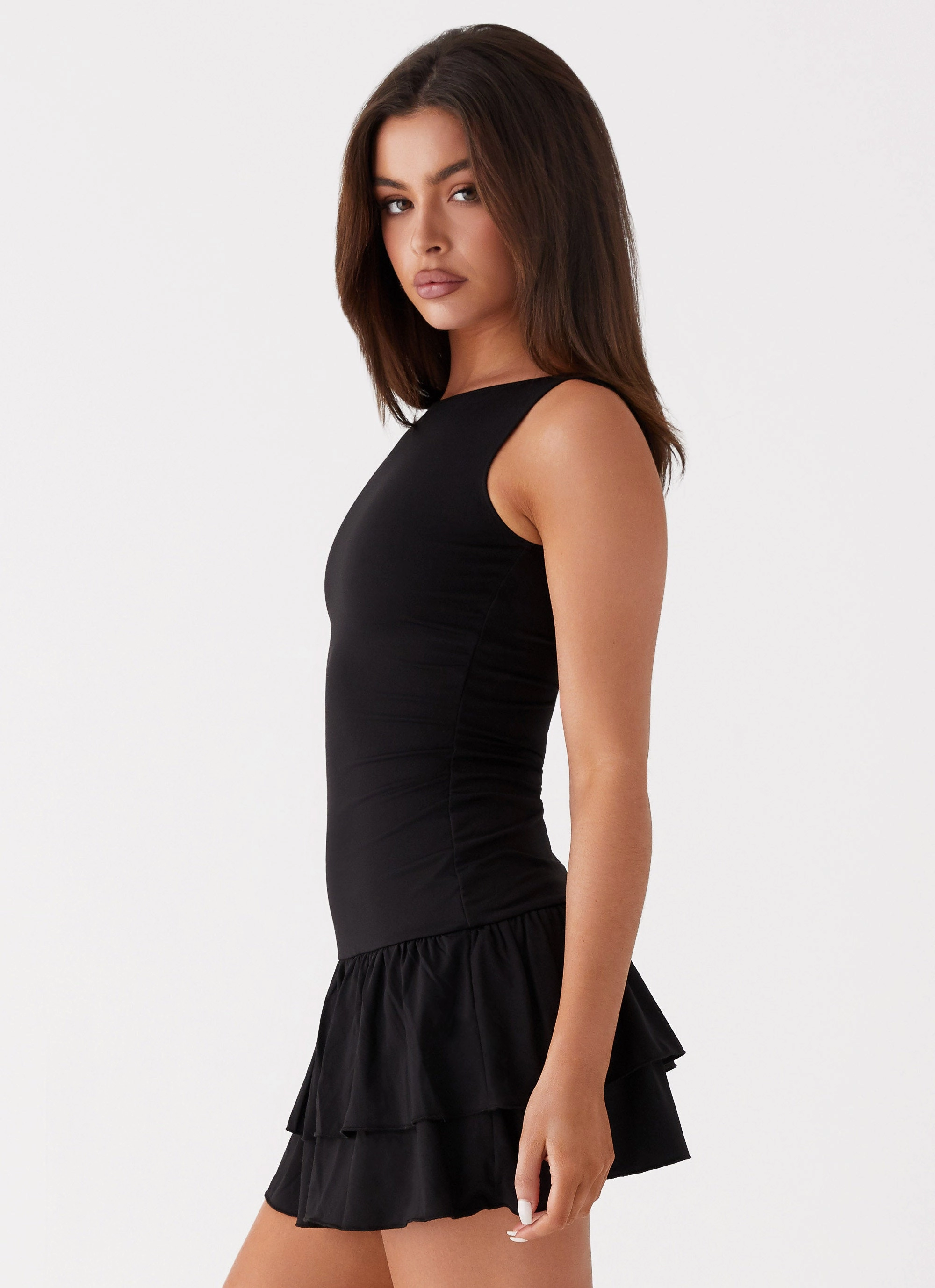 Rhiannon Frill Mini Dress - Black perforated design