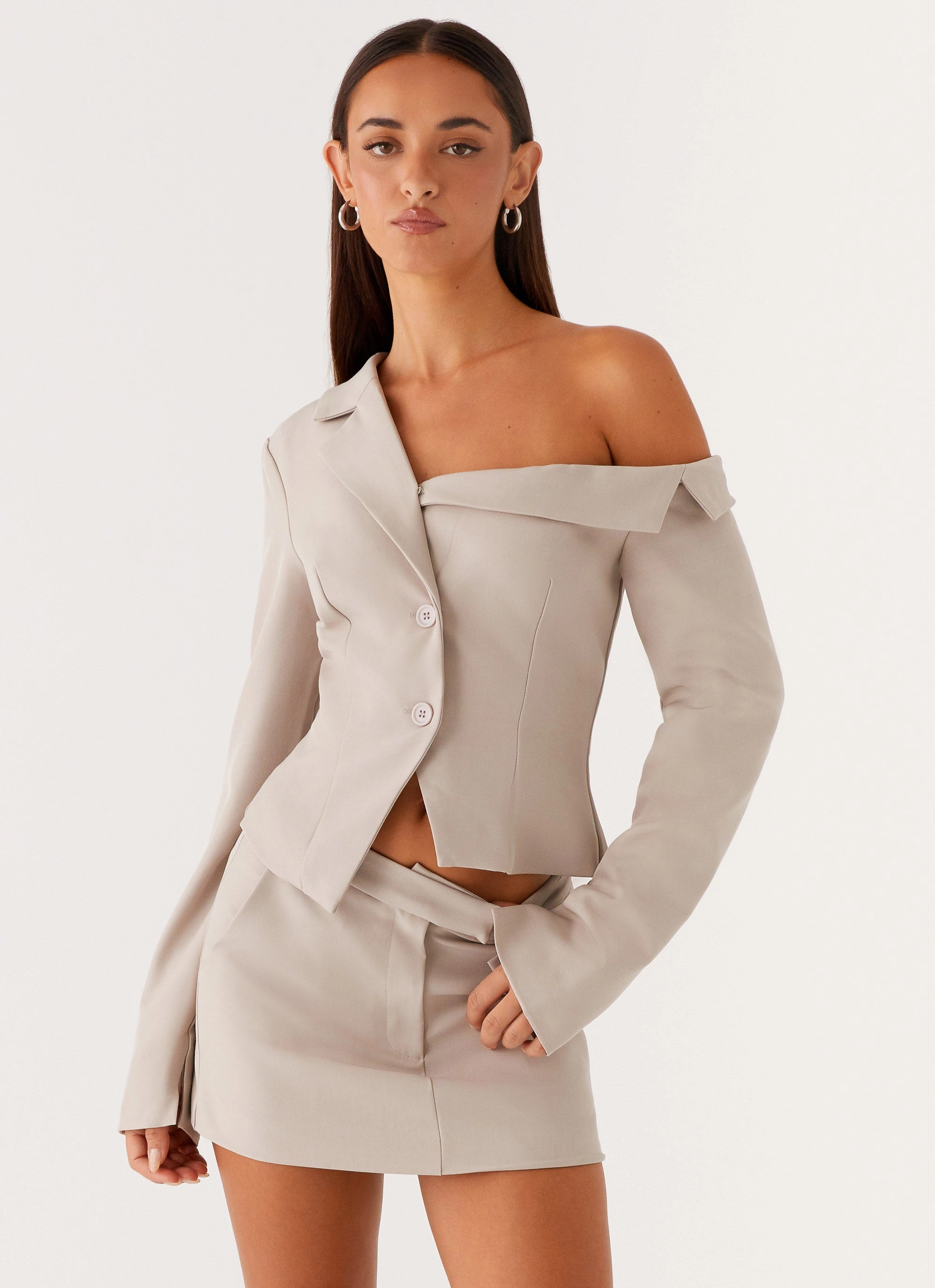 Looking Good Off Shoulder Blazer - Pebble Casual Style MoistureWickingInterior