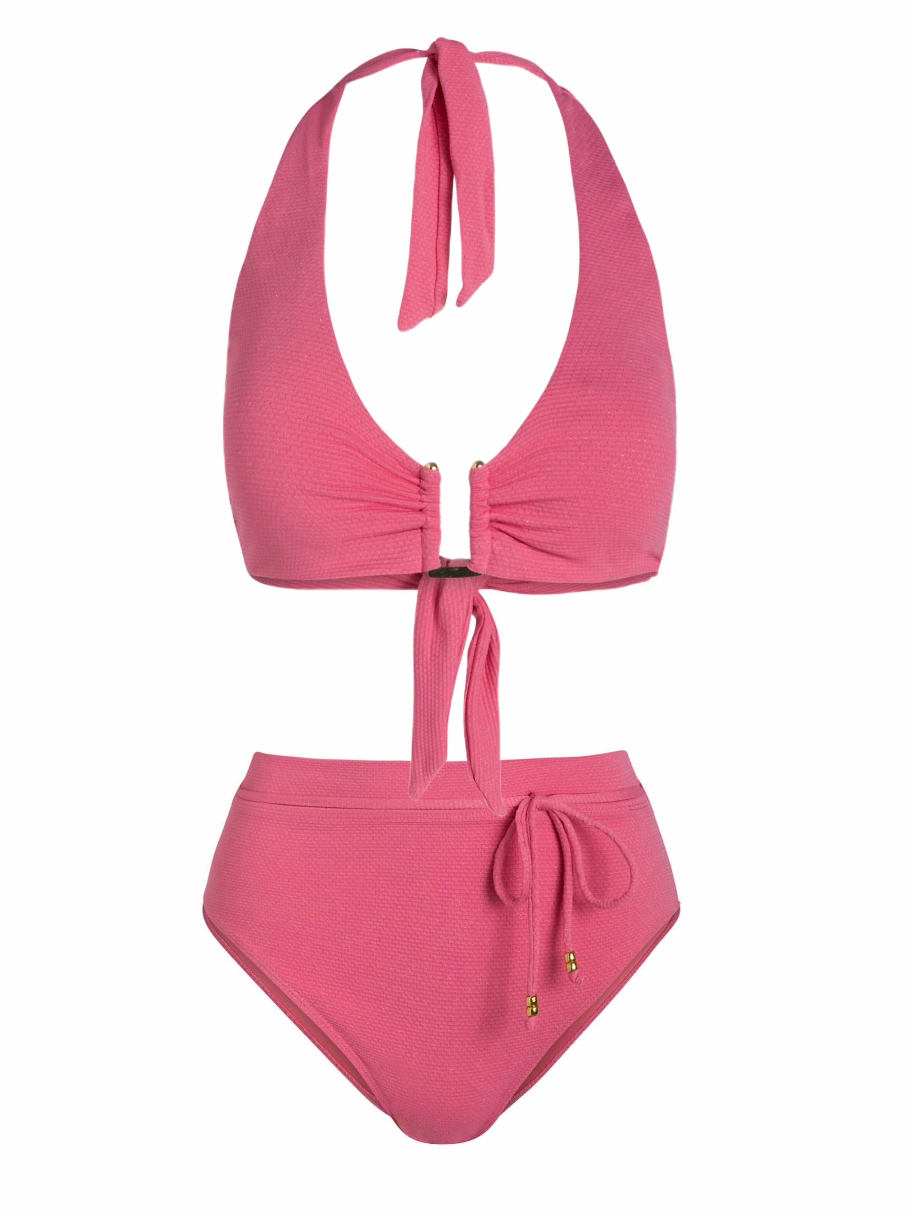 Shana Top   Belted Hi Waist Hi Leg Bottom In Hibiscus Metallic Sunny Escape Quick Release Closure