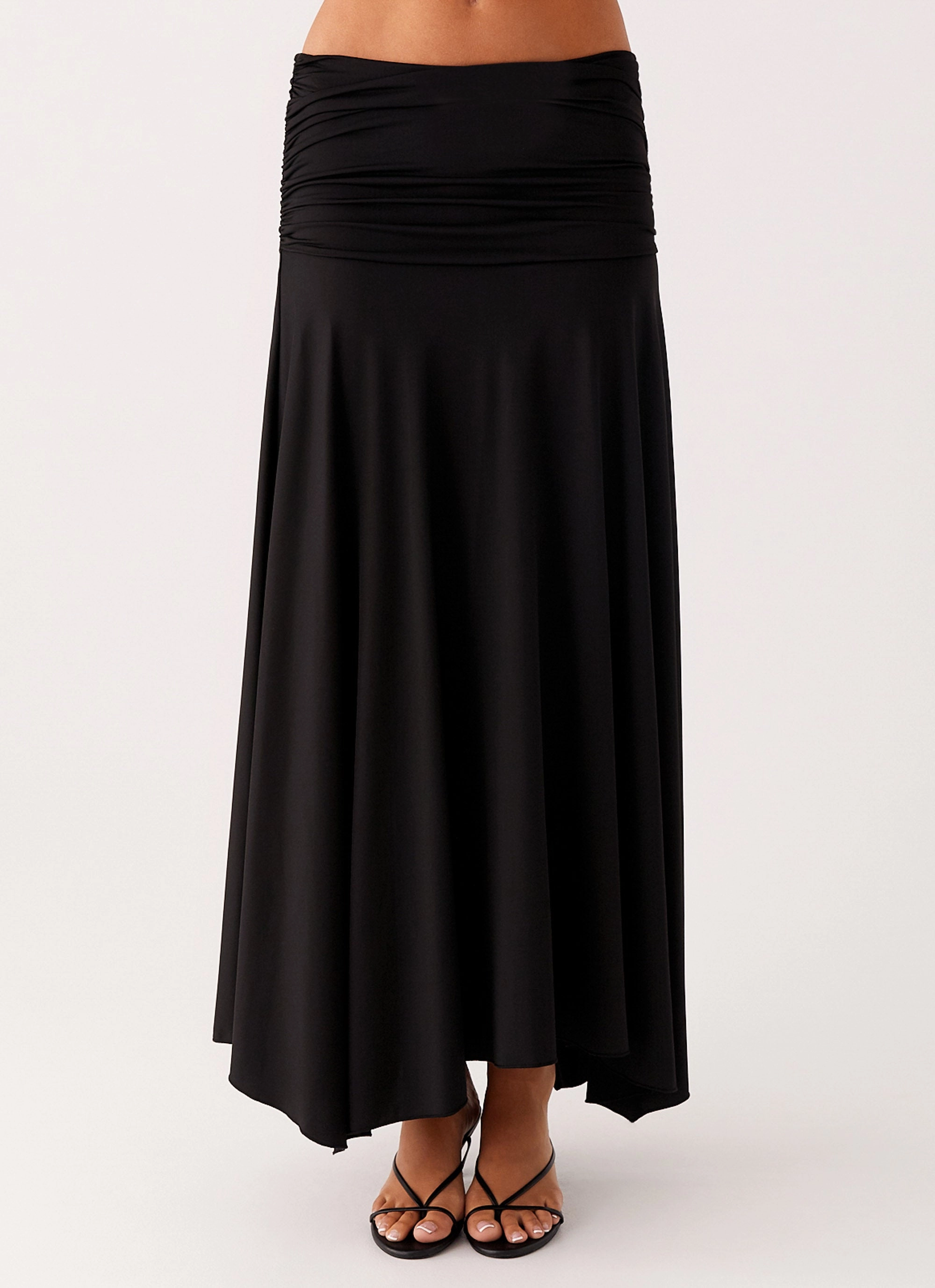 Liana Ruched Maxi Skirt - Black Tea length