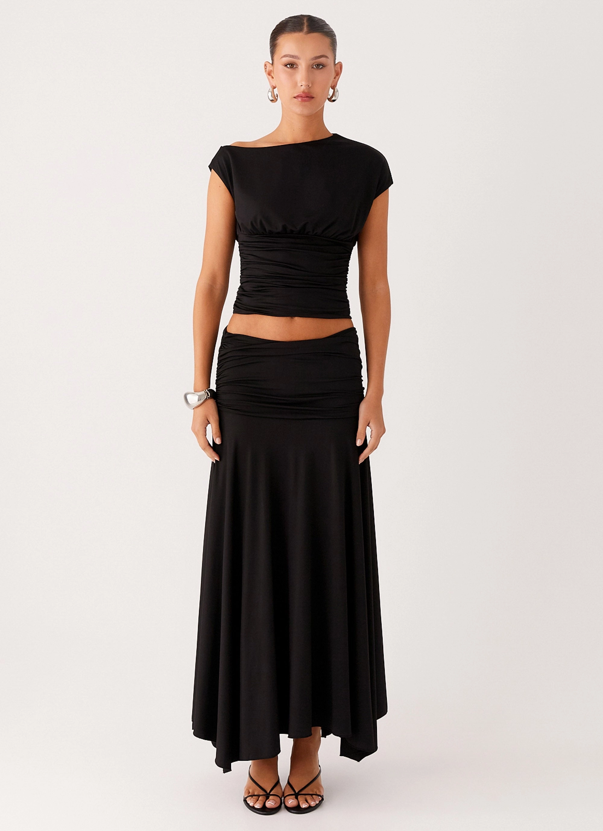 Liana Ruched Maxi Skirt - Black Light Wear Craftsmanship Focus