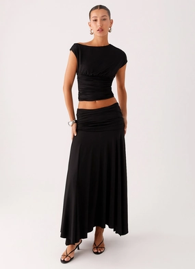 Dust Proof Fabric Smooth Cut Liana Ruched Maxi Skirt - Black