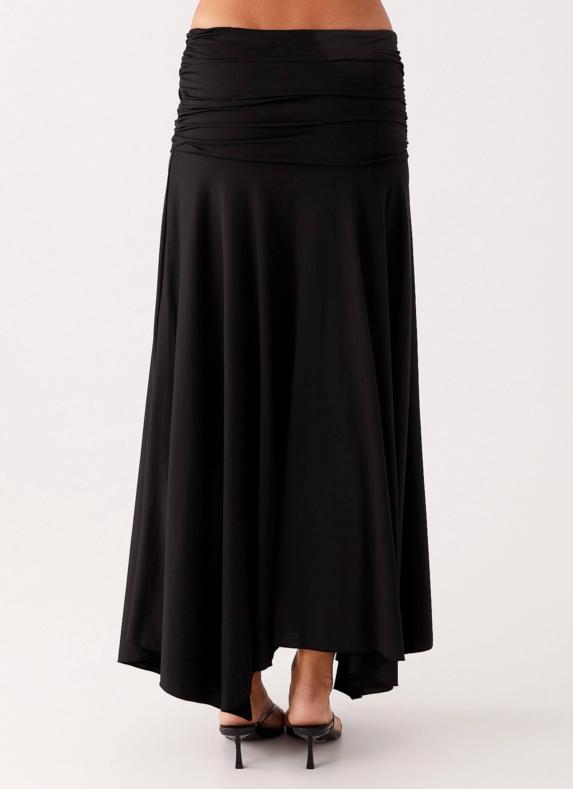 Liana Ruched Maxi Skirt - Black Pocket Design