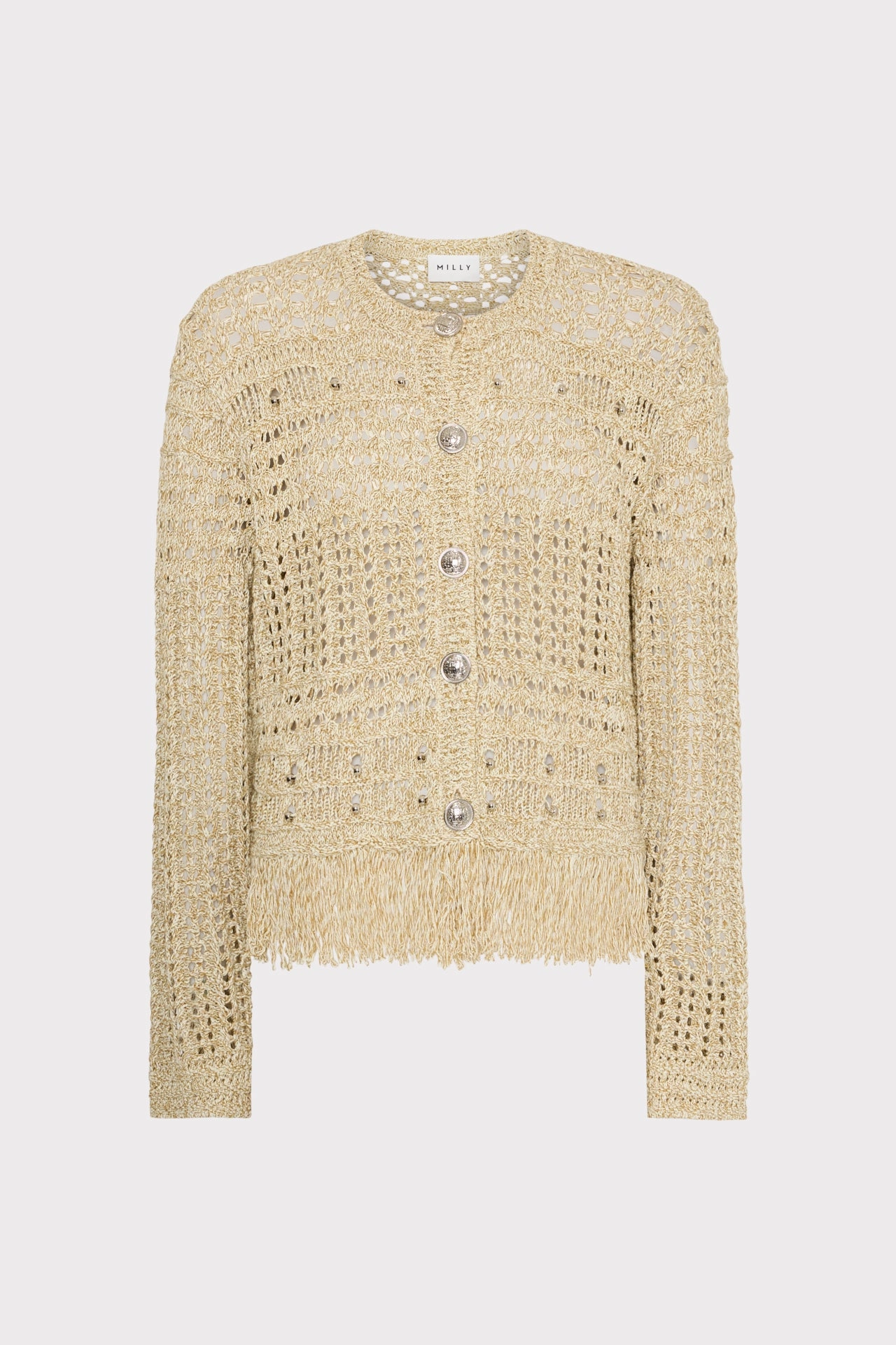 ReflectiveTrimDetails Beaded Fringe Knit Cardigan