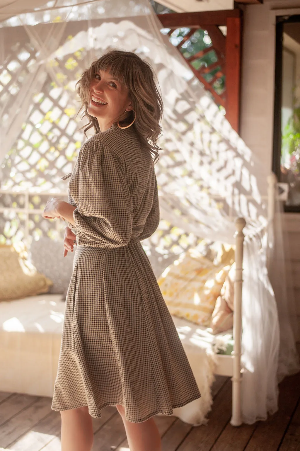 Poet Top in Black and Oat Cotton Gingham Moisture Management
