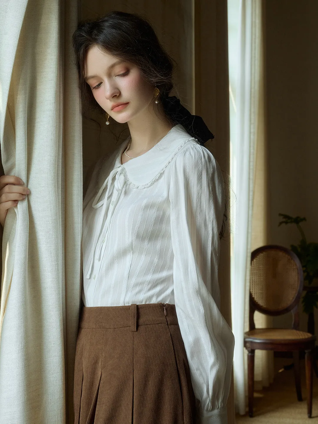 Anti Pilling Technology Classic Cut Addilyn Romantic Doll Collar Lace Stitching Tie Eedwardian Style Blouse