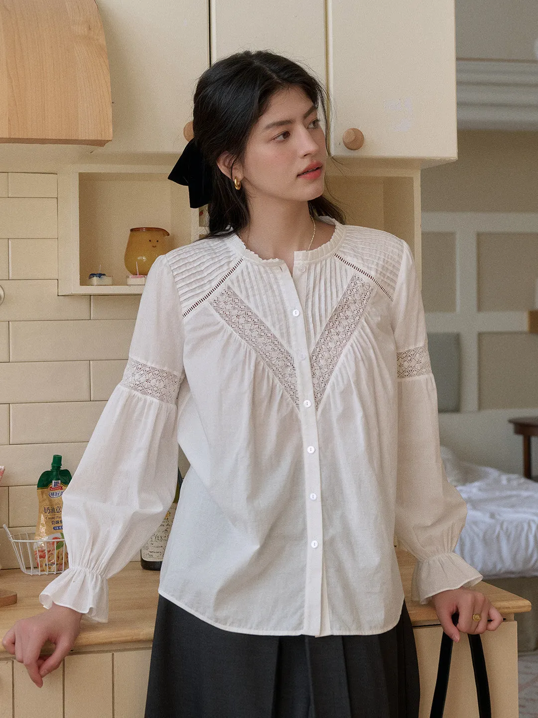 Mabel Round Neck Lace Hollow Blouse Grid Back Panel
