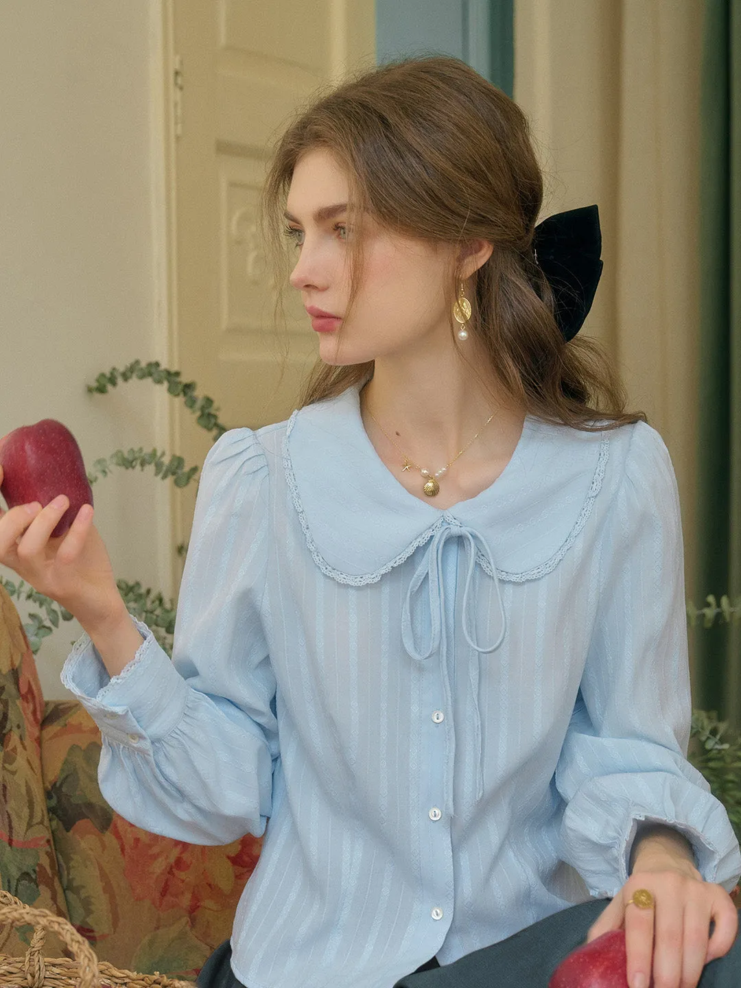 ??Final Sale??Addilyn Romantic Doll Collar Lace Stitching Tie Eedwardian Style Blouse - Blue VentedBack