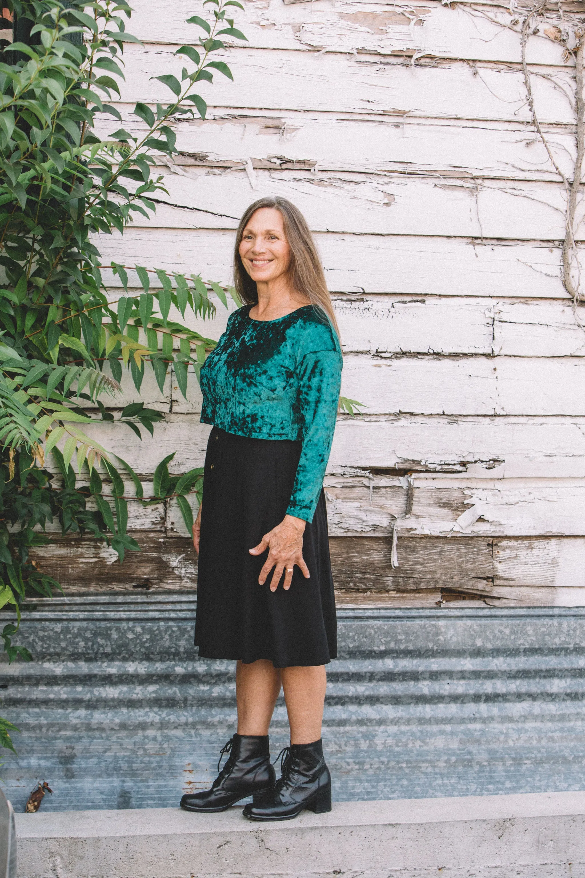 Shelby Crop Top in Spruce Crushed Velvet Garment Dyed Finish UPF Protective Fabric