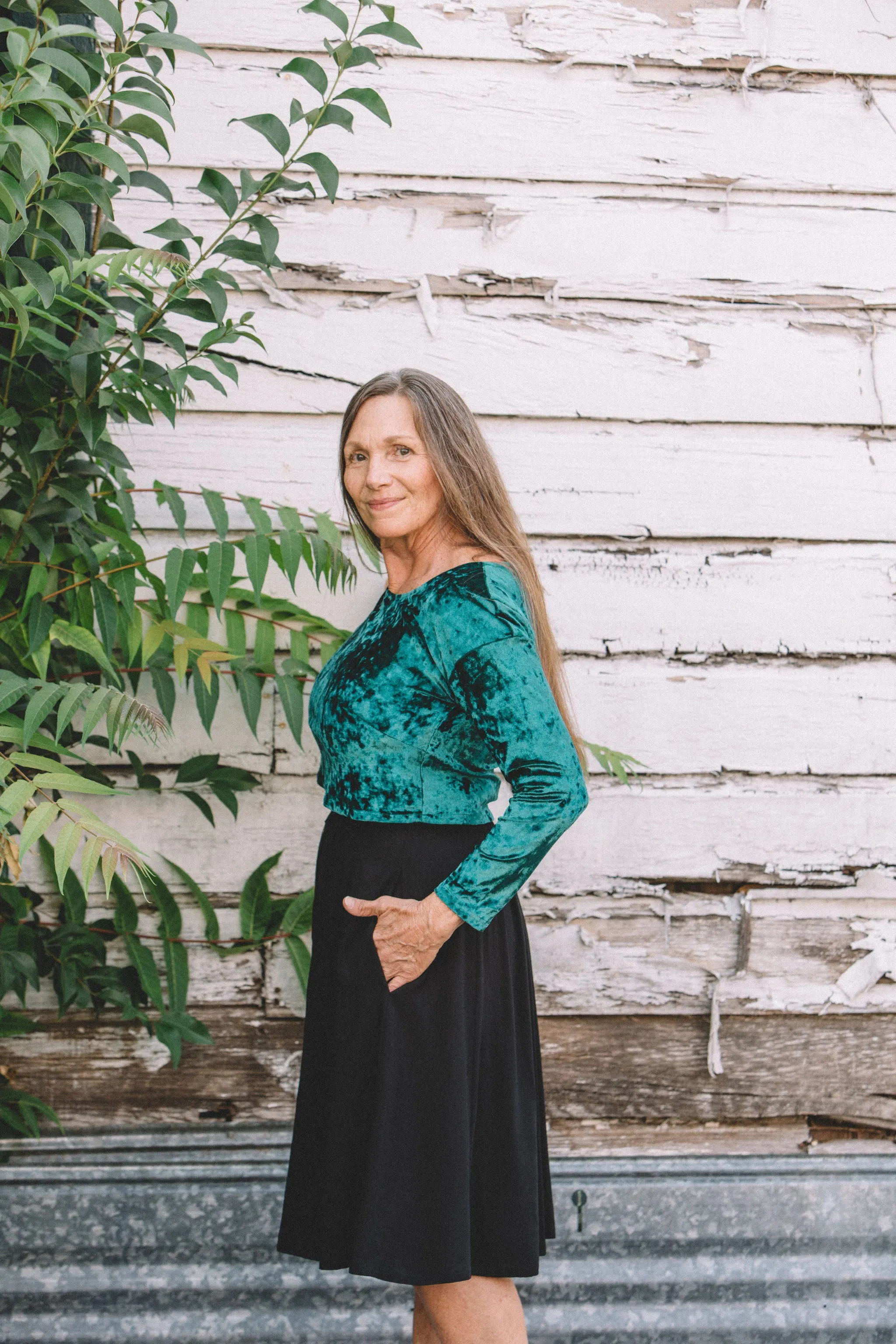 Shelby Crop Top in Spruce Crushed Velvet FourWay Stretch Fabric
