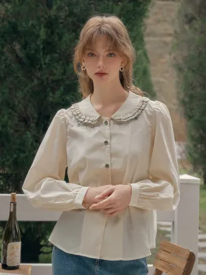 ??Final Sale??Maren Peter Pan Collar Floral Embroidery Blouse - Apricot Cold Weather EcoFriendly Dye Process
