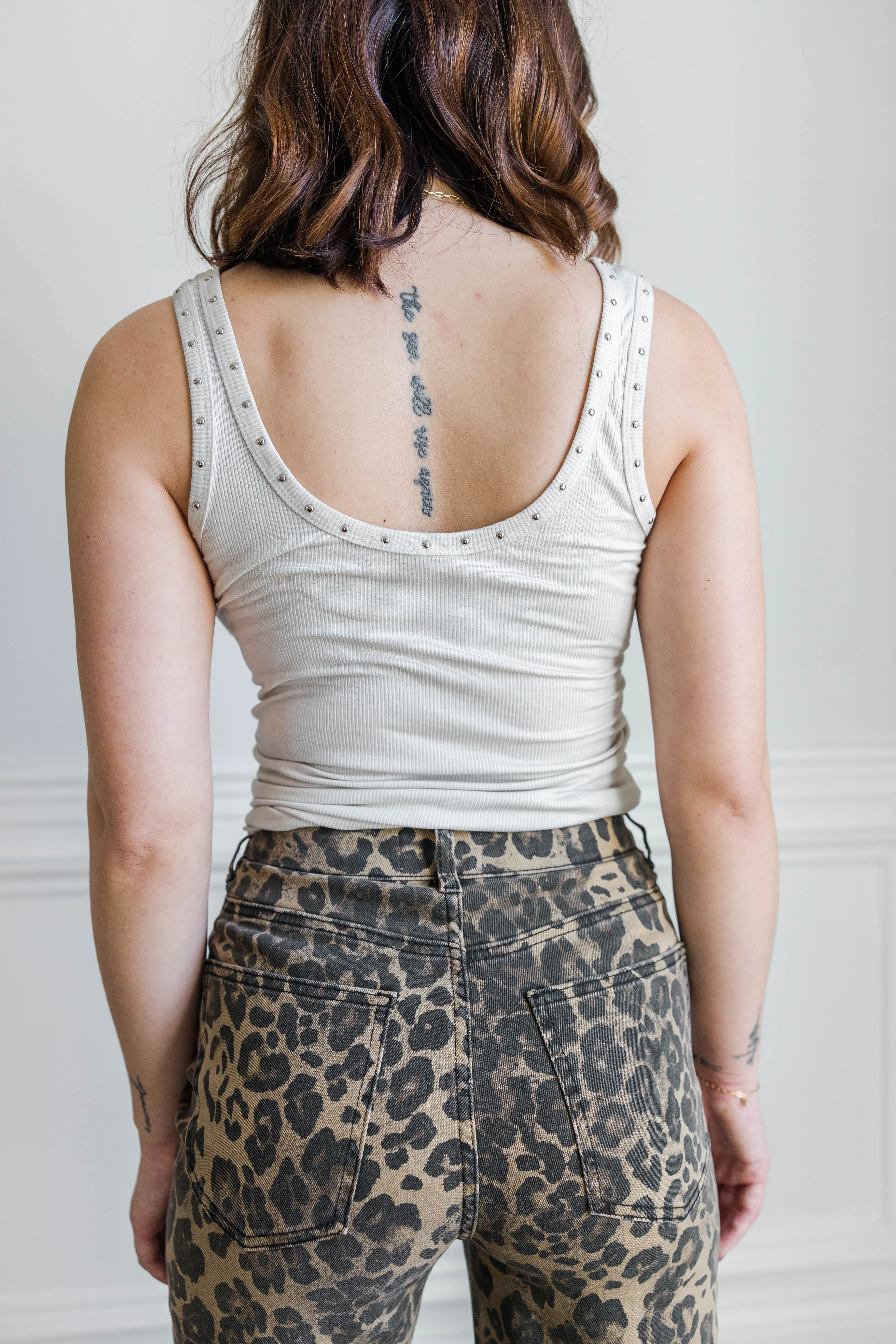 Ivory Studded Ribbed Tank Yarn Dyed Pattern Cloth