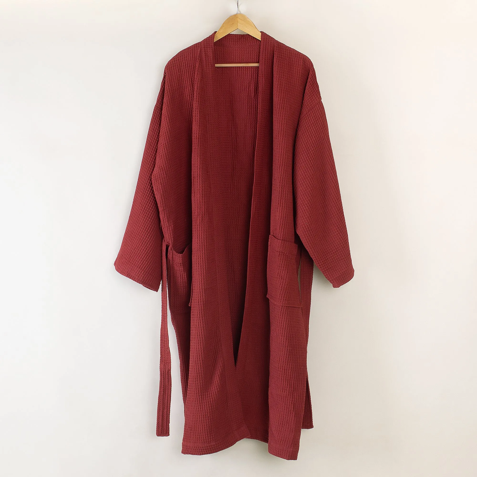 Quilty Waffle Terry Unisex Maroon Towel Bathrobe With Multiple Pocket