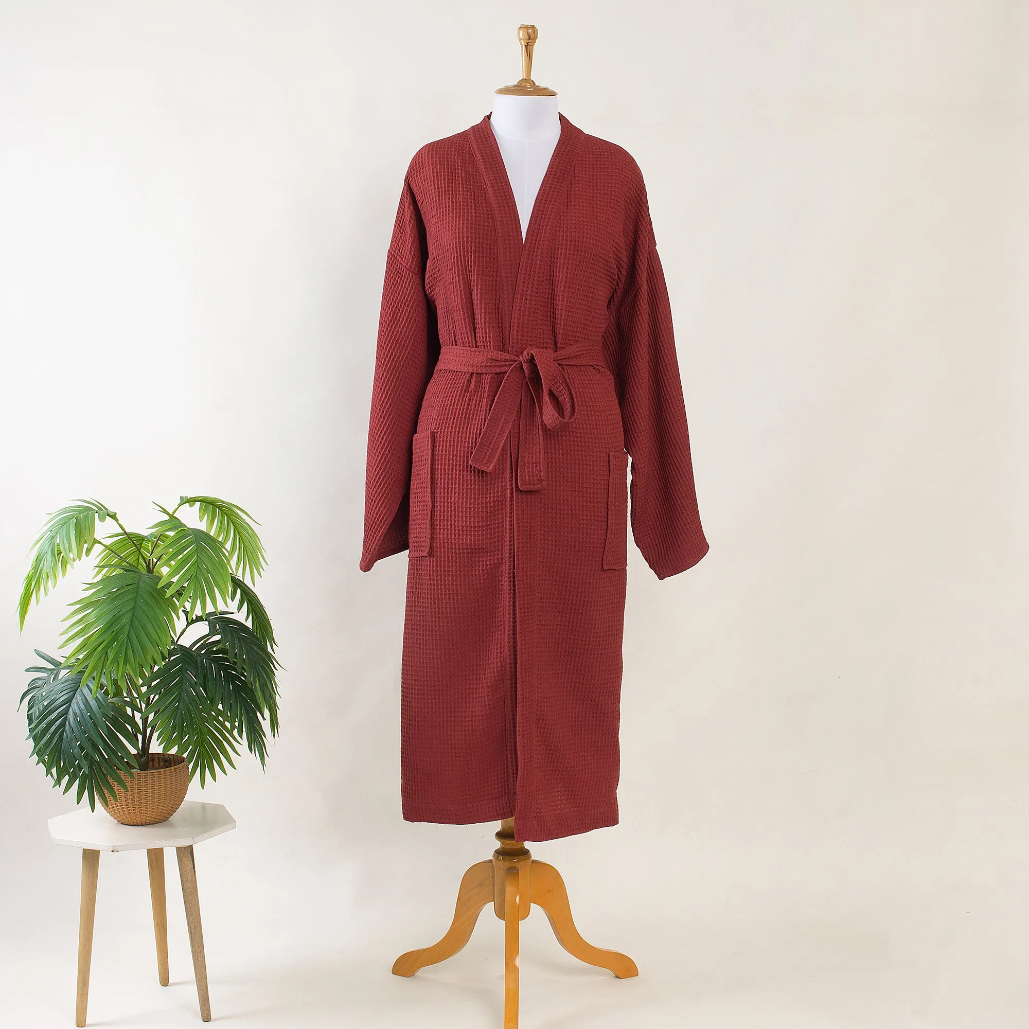 Quilty Waffle Terry Unisex Maroon Towel Bathrobe With Multiple Pocket