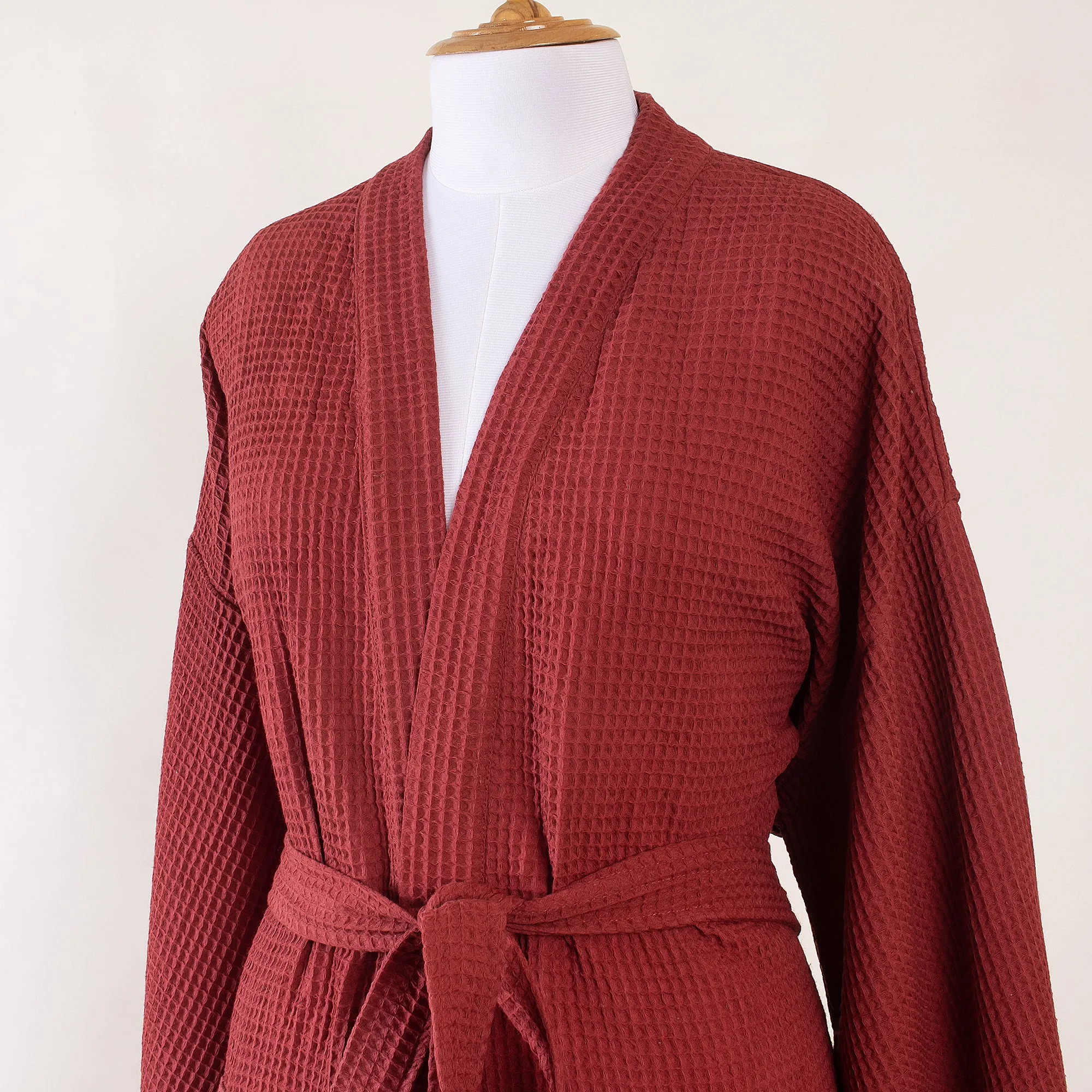 Quilty Waffle Terry Unisex Maroon Towel Bathrobe With Multiple Pocket
