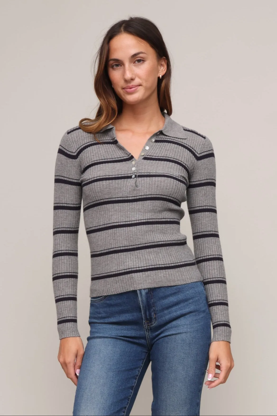 Durable Interlock Stitch Printed Blouse Quinn Striped Polo Sweater