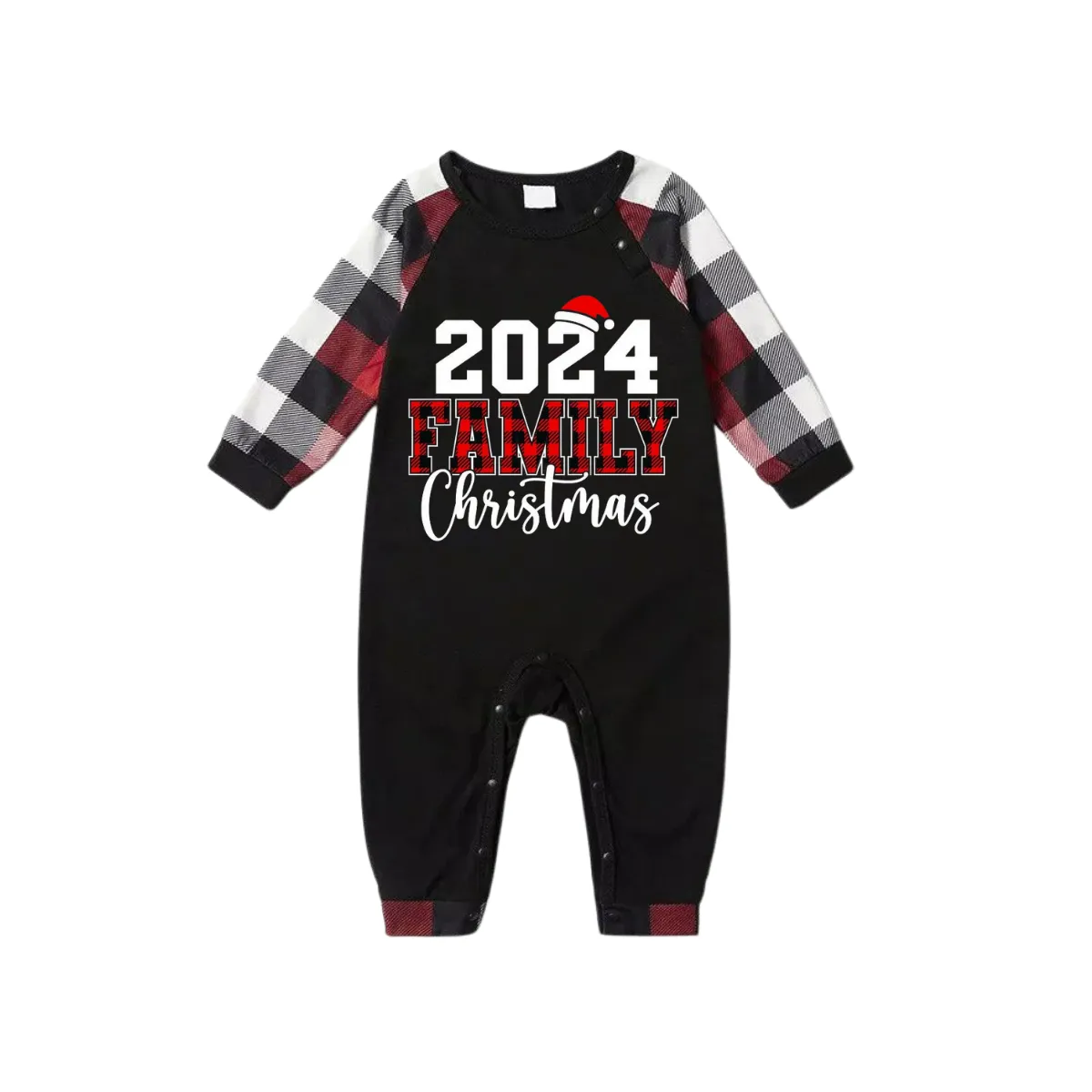 "2024 FNMILY Christmas " White and Red Text Printed Pattern - Black Top with Red&Black&White Plaid Sleeves - Family Matching Pajamas
