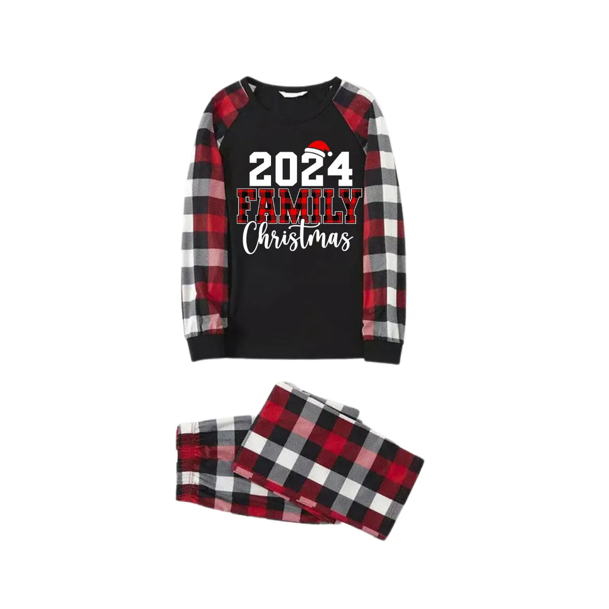 "2024 FNMILY Christmas " White and Red Text Printed Pattern - Black Top with Red&Black&White Plaid Sleeves - Family Matching Pajamas