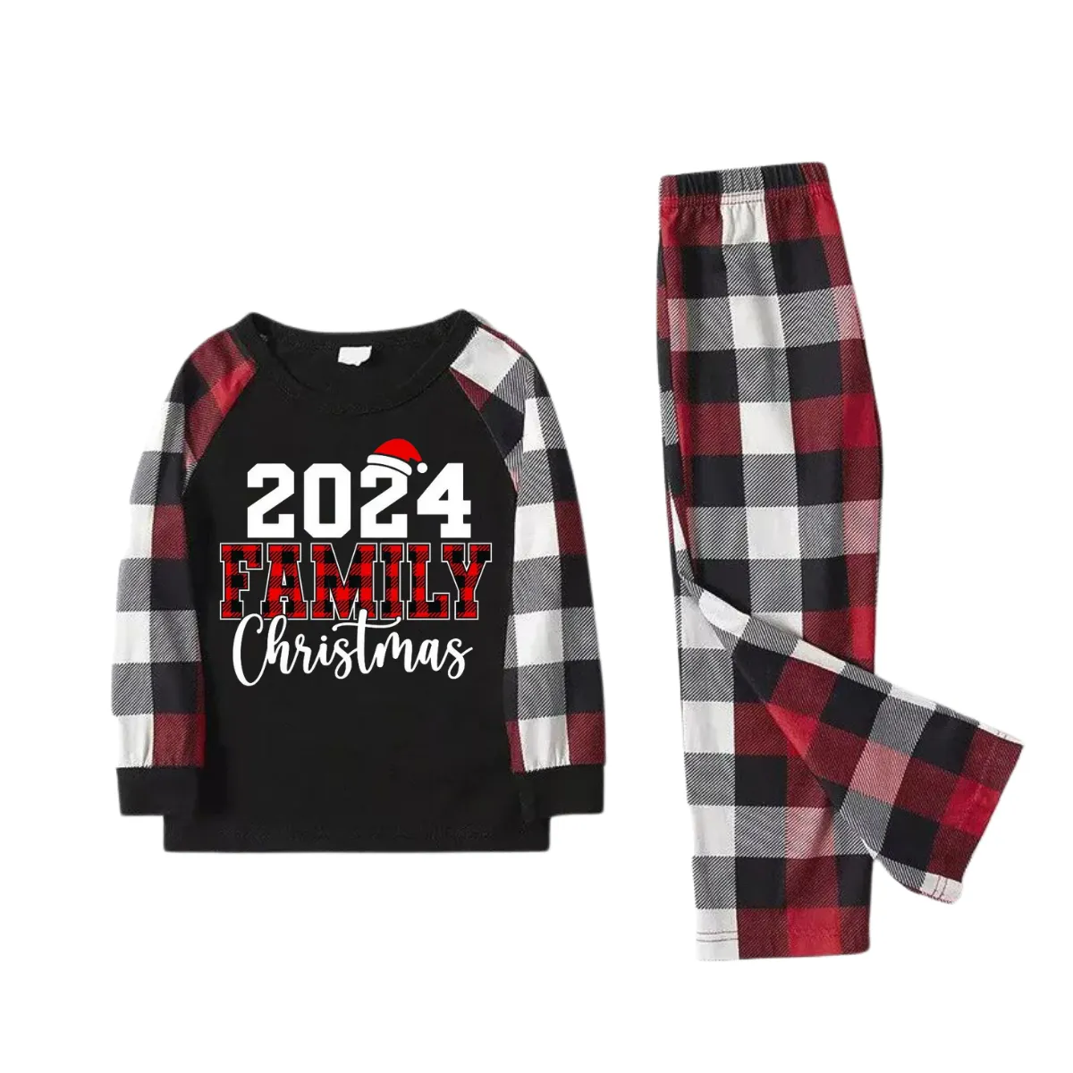"2024 FNMILY Christmas " White and Red Text Printed Pattern - Black Top with Red&Black&White Plaid Sleeves - Family Matching Pajamas
