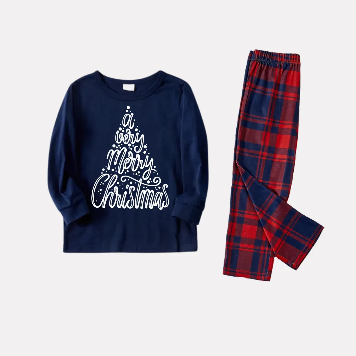 "A Very Merry Christmas" 2024 Blue Long Sleeve Top with Blue & Red Plaid Family Matching Pajamas