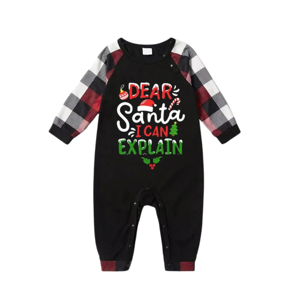 "Dear Santa I can Explain" Slogan Printed Red&Black&White Plaid  Matching Pajamas