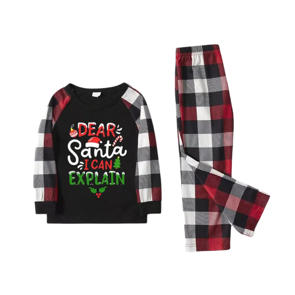 "Dear Santa I can Explain" Slogan Printed Red&Black&White Plaid  Matching Pajamas