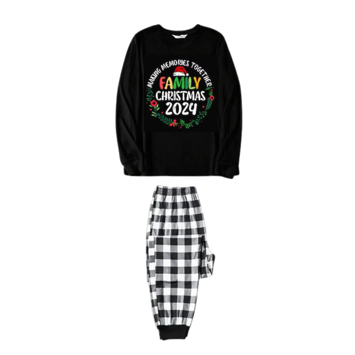 "Family Christmas 2024 Making Memories Together" Text Print Black and White Plaid Family Matching Pajamas