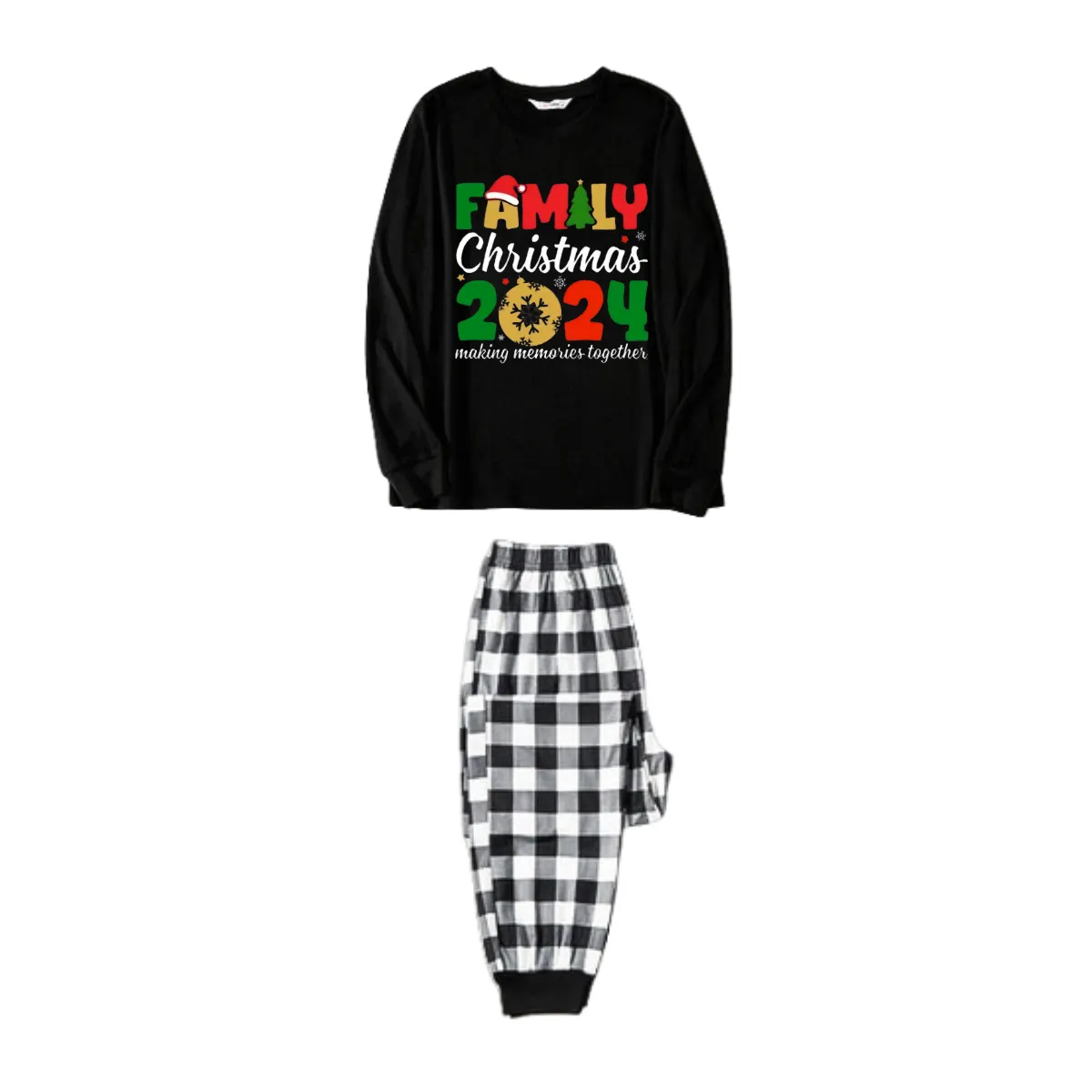 "Family Christmas 2024" Cute Text and Santa Hat Prints Black Long Sleeve Top with Black And White Plaid Pants Family Matching Pajamas