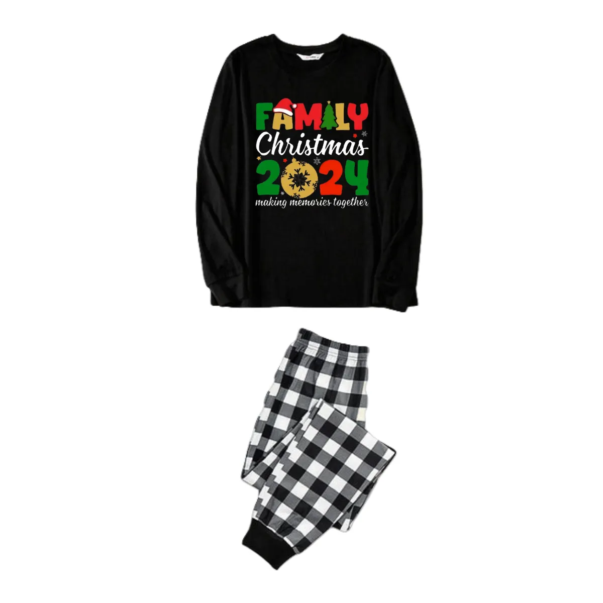 "Family Christmas 2024" Cute Text and Santa Hat Prints Black Long Sleeve Top with Black And White Plaid Pants Family Matching Pajamas
