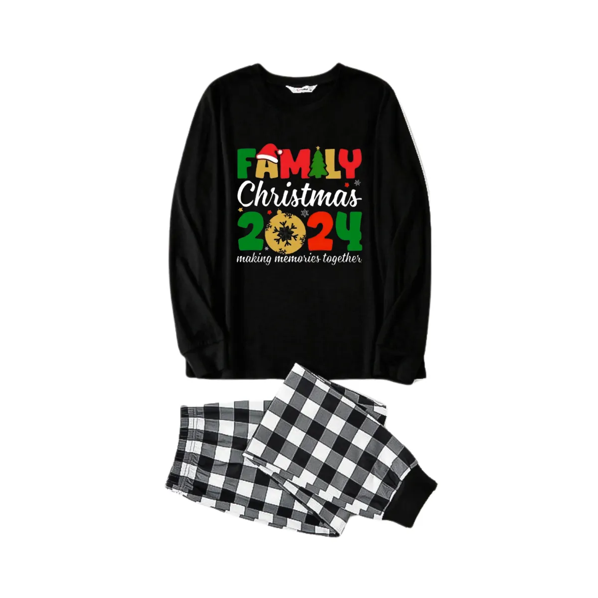 "Family Christmas 2024" Cute Text and Santa Hat Prints Black Long Sleeve Top with Black And White Plaid Pants Family Matching Pajamas