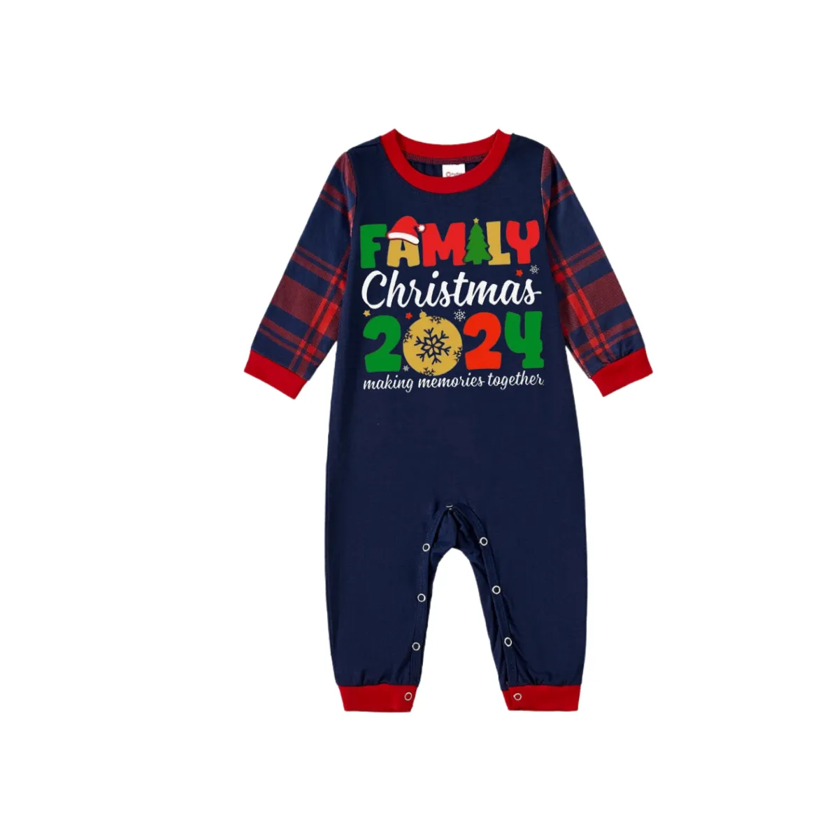 "Family Christmas 2024" Cute Text and Santa Hat Prints Blue Long Sleeves Top with Red and Blue Plaid Pants Christmas Matching Pajamas