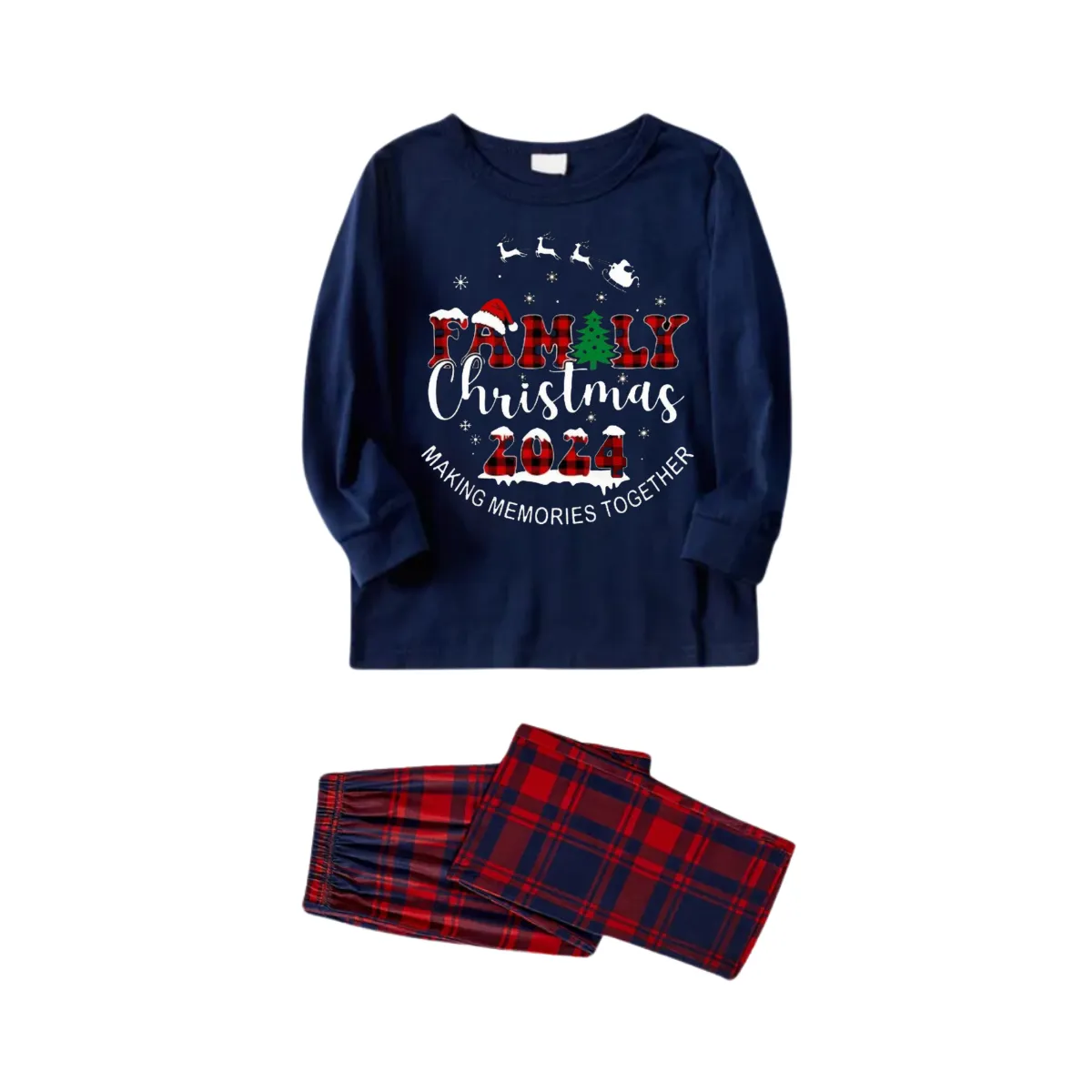 "Family Christmas 2024" Prints Blue Long Sleeves Top with Red and Blue Plaid Pants Christmas Matching Pajamas