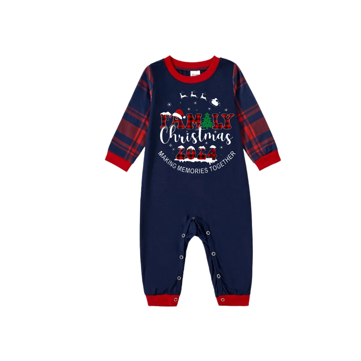 "Family Christmas 2024" Prints Blue Long Sleeves Top with Red and Blue Plaid Pants Christmas Matching Pajamas