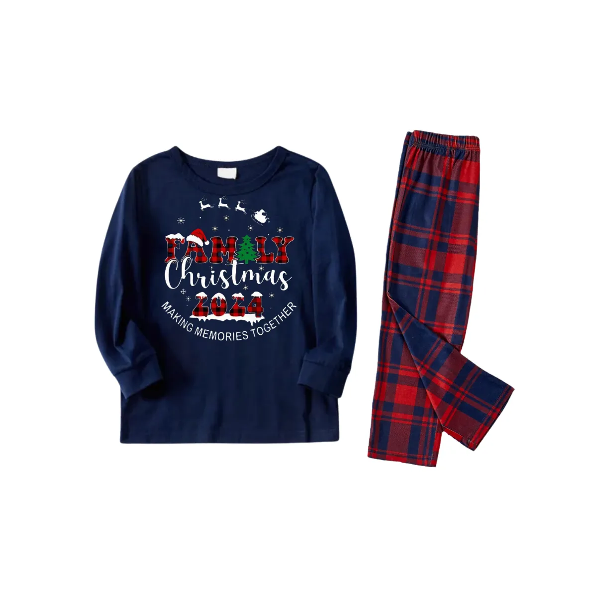 "Family Christmas 2024" Prints Blue Long Sleeves Top with Red and Blue Plaid Pants Christmas Matching Pajamas