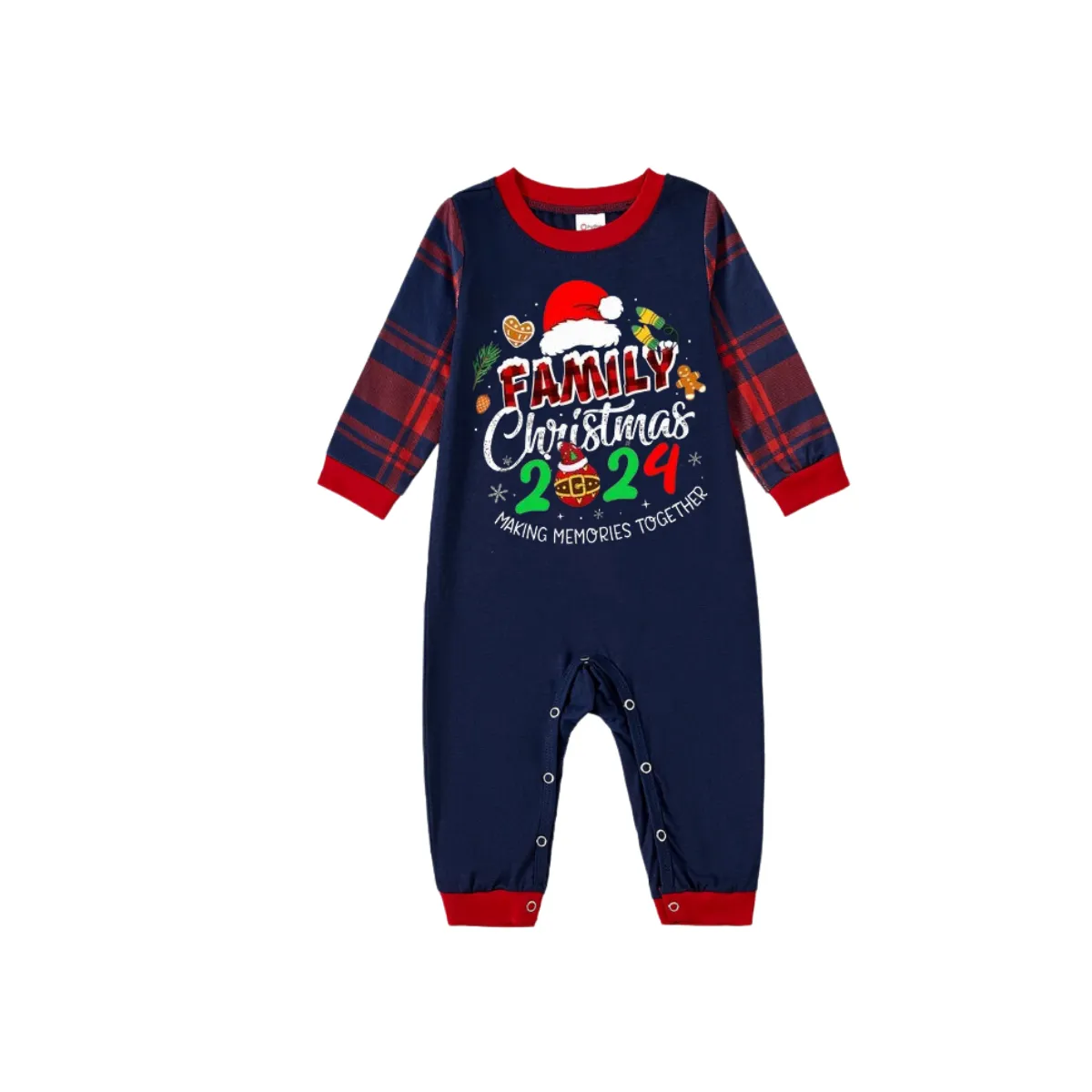 "Family Christmas 2024" Text and Santa Hat Prints Blue Long Sleeves Top with Red and Blue Plaid Pants Christmas Matching Pajamas